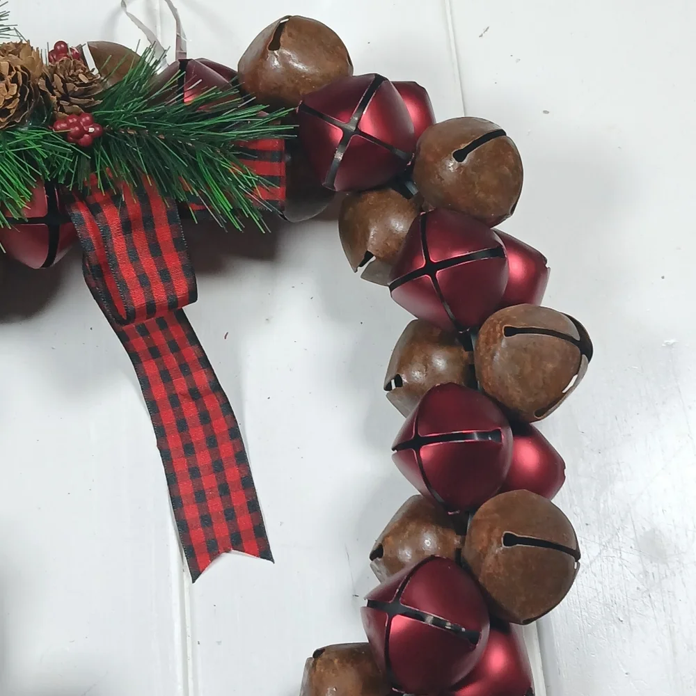 Red & Brown 13” Jingle Bell Metal Christmas Wreath, Holiday Decor Indoor Outdoor